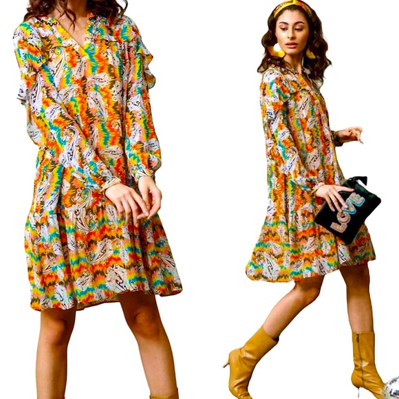 Emily Lovelock Multi Color Alice 70s Inspired Paisley Print Dress Yellow Rainbow - Picture 1 of 14